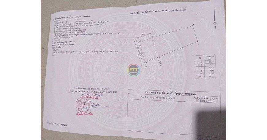 越南薄辽省VĨNH THỊNH 區土地出售，擁有粉紅書 | FTT LAND HOTLINE/ ZALO: 0812991003